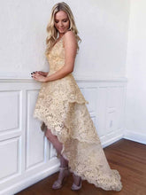 A-Line V-Neck High-Low Golden Lace Prom Dress Homecoming Evening Gown