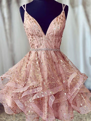 A-Line V-Neck Short Champagne Lace Homecoming Dress with Criss-Cross Back