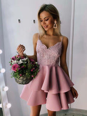 A-Line V-Neck Short Pink Burgundy Lace Prom Homecoming Graduation Dress