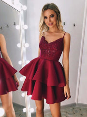 A-Line V-Neck Short Pink Burgundy Lace Prom Homecoming Graduation Dress