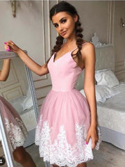 A-Line V-Neck Short Pink Lace Prom Dress, Homecoming Formal Gown