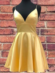Elegant A-Line V-Neck Short Yellow Satin Prom Dress, Homecoming Formal Gown
