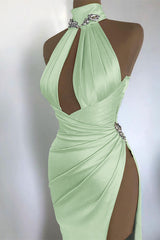 Elegant Champagne Gold Evening Dress with Off-Shoulder High Neck and Pleated Slit