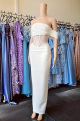 Elegant White Off-the-Shoulder Strapless Pleated Mermaid Prom Dress Gown