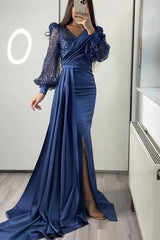 Elegant V-Neck Long Sleeve Sequin Mermaid Evening Gown with Ruffle Split