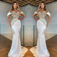 Elegant Off-Shoulder White Mermaid Prom Dress with Sparkling Appliques and Long Train