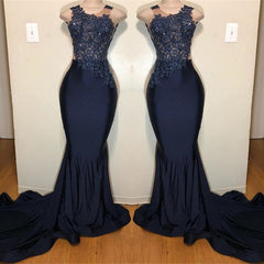 Dark Blue Appliqued Sleeveless Mermaid Prom Dress - Elegant Formal Gown
