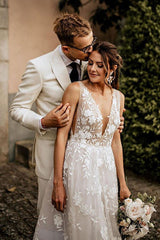 Elegant Boho Strappy V-Neck A-Line Wedding Dress with Delicate Appliques