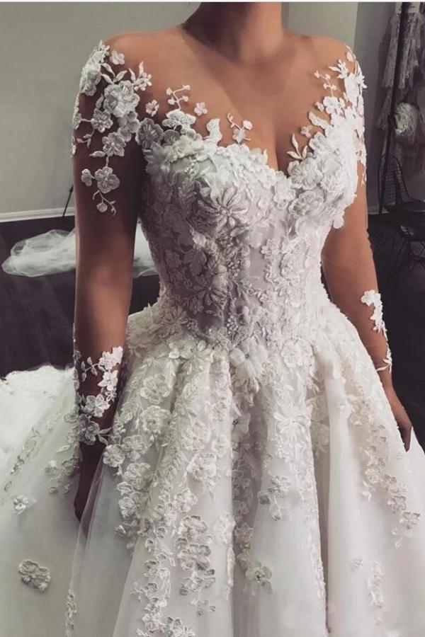 Elegant Bateau Long Sleeve A-Line Floor-Length Wedding Dress with Delicate Lace Appliques