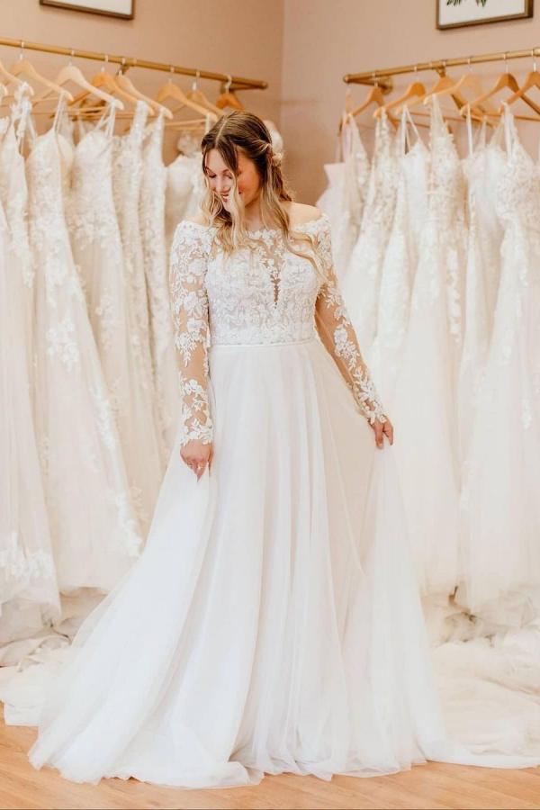 Elegant Off-the-Shoulder A-Line Wedding Dress with Long Sleeves and Lace