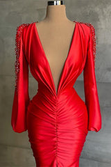 Elegant Deep V-Neck Red Mermaid Prom Dress with Long Sleeves for Women