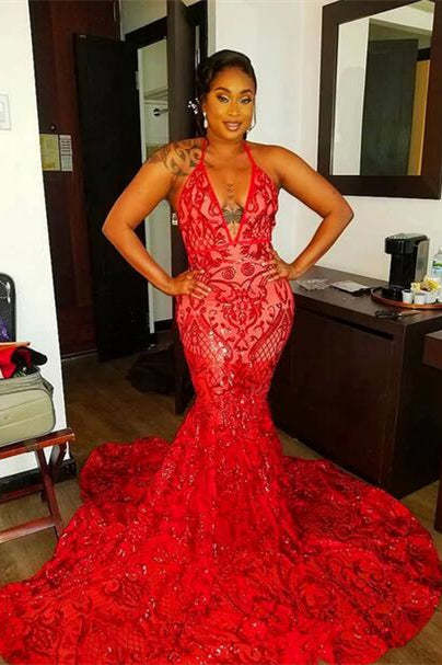 Stunning Red Halter Mermaid Prom Dress with Sequins and Lace, Elegant Evening Gown