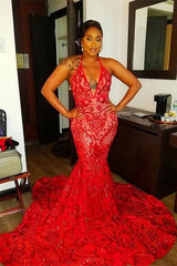 Elegant Red Halter Mermaid Prom Dress with Shimmering Sequins and Delicate Lace