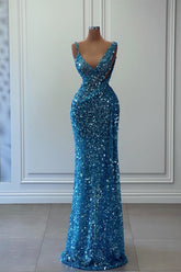 Stunning Blue Sleeveless Sequin Mermaid Prom Dress - Elegant Long Formal Evening Gown