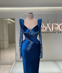 Royal Blue Long Sleeve Mermaid Charmeuse Prom Dress with Beading