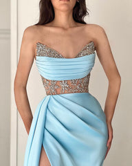 Gorgeous Sky Blue Strapless Mermaid Prom Dress with Beading Split