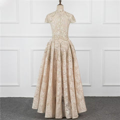 A-Line Sequin Appliques Prom Dress Long Pleated with Short Sleeves Gown