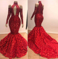 Elegant Burgundy High Collar Long Sleeve Sequin Mermaid Prom Dress