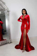 Elegant Red Long-Sleeve Prom Gown with High Slit and Pleated Details