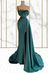 Emerald One Shoulder Mermaid Prom Gown with Rhinestone and High Split