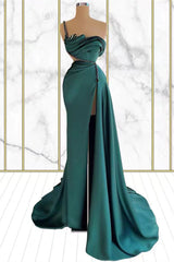 Emerald One Shoulder Mermaid Prom Gown with Rhinestone and High Split
