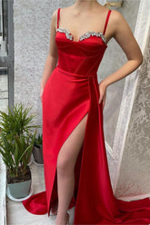 Red Charmeuse Spaghetti Strap Gown with Beaded Slit Evening Dress