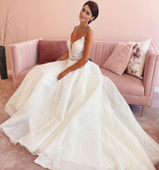 Glamorous A-Line V-Neck Wedding Dress with Lace Appliques and Tulle