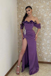 Elegant Off-Shoulder Purple Prom Dress with High Split and Ruched Bodice