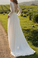 Long Sleeve Backless Chiffon Wedding Dress with Lace Cuffs