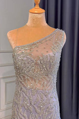 Light Purple One-Shoulder Mermaid Prom Dress with Beaded Details and Ruffles