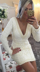Elegant Mini Sheath V-Neck Lace Backless Homecoming Dress with Long Sleeves