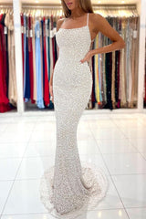 Strapless Sequin Mermaid Prom Dress with Spaghetti Straps and Open Back