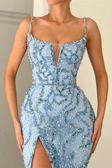 Elegant Blue Sequin Mermaid Prom Dress with Spaghetti Straps and High Split