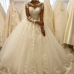 Elegant Bateau Long Sleeve A-Line Wedding Dress with Lace Appliques