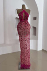 Elegant Pink Sequin Halter Neck Prom Dress - Sleeveless Formal Gown