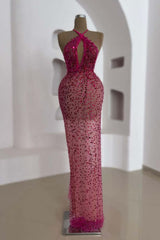 Elegant Pink Sequin Halter Neck Prom Dress - Sleeveless Formal Gown