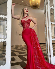 Luminous Red Strapless Mermaid Prom Dress for Women and Girls