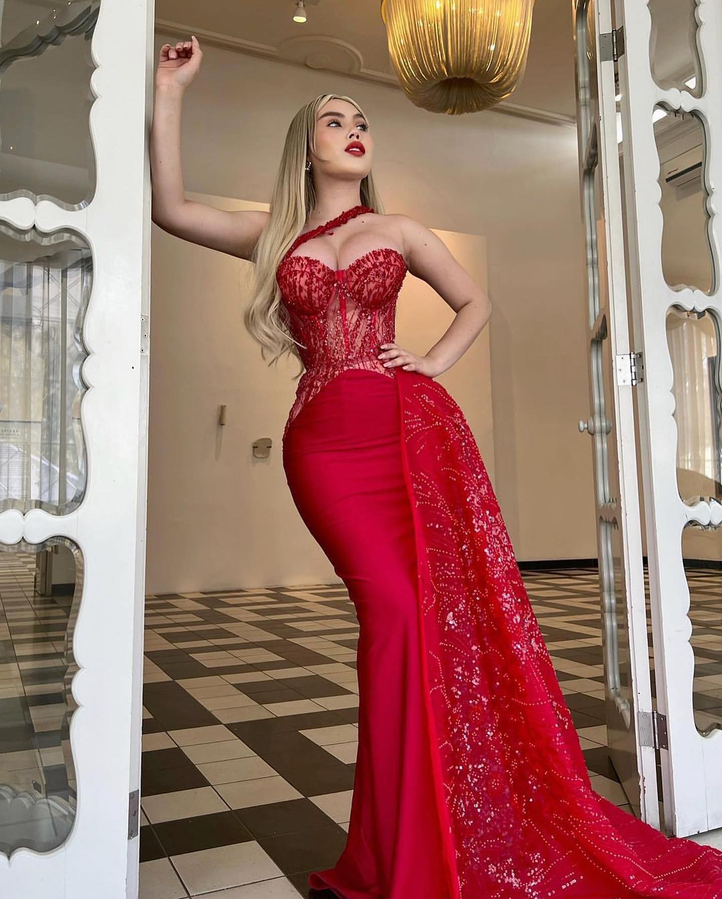 Luminous Red Strapless Mermaid Prom Dress for Women and Girls
