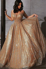 Sparkling Gold Sequin V-Neck Prom Gown for Women, Elegant Sleeveless Long Formal Dress