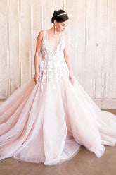 A-Line V-Neck Tulle Wedding Dress with Lace Appliqués Open Back