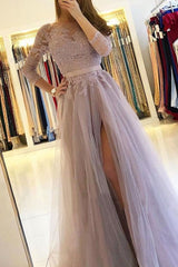 Elegant Long Sleeve A-Line Lace Prom Dress with Thigh Slit