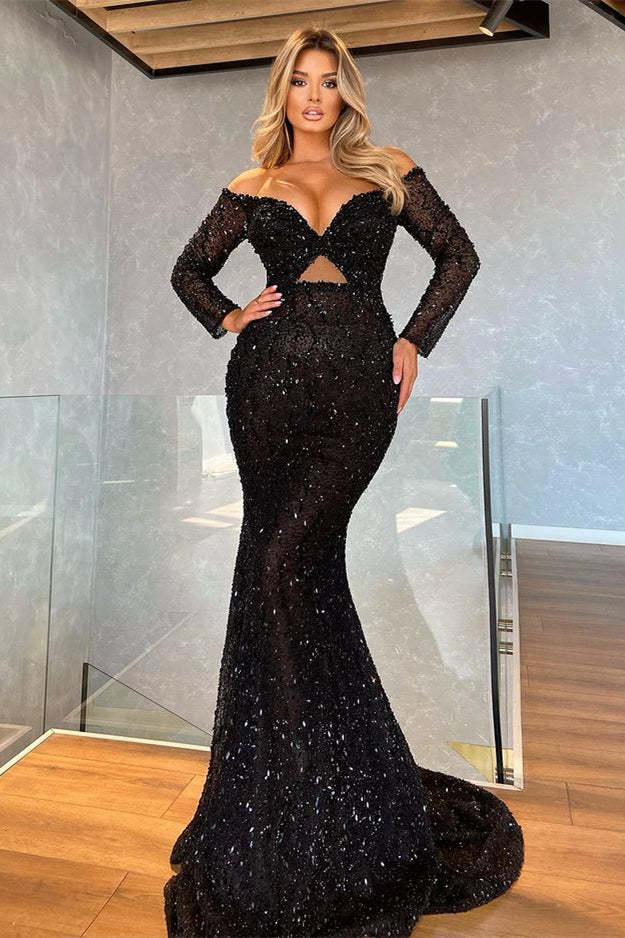 Elegant Black Long Sleeve V-Neck Sequin Mermaid Prom Dress for Women