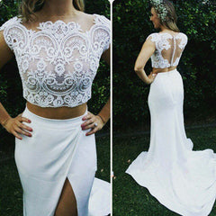Mermaid Lace Two-Piece Wedding Dress with Beaded Top and Train