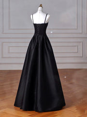 Elegant A-Line Satin Black Long Prom Dress For Women Evening