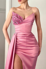 Elegant Pink V-Neck Beaded Mermaid Evening Dress with Ruffles and Slit