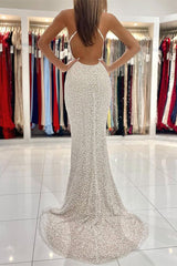 Strapless Sequin Mermaid Prom Dress with Spaghetti Straps and Open Back