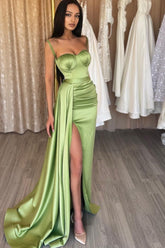 Elegant Sage Spaghetti Strap Sweetheart Mermaid Evening Gown with Thigh Split