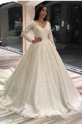 Elegant A-Line Deep V-Neck Lace Appliqued Long Sleeve Wedding Dress