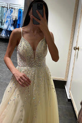 Daffodil Spaghetti Strap Beaded Tulle A-Line Prom Dress Evening Gown