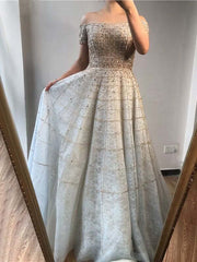 Elegant Sequined Off Shoulder Long Sleeve Prom Dress A Line Design